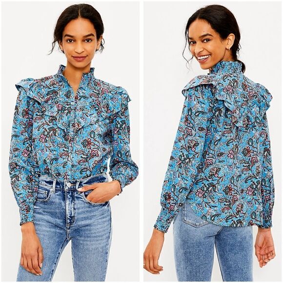 LOFT Tops - LOFT Bouquet Ruffle Shirt Blue Paisley Size XL